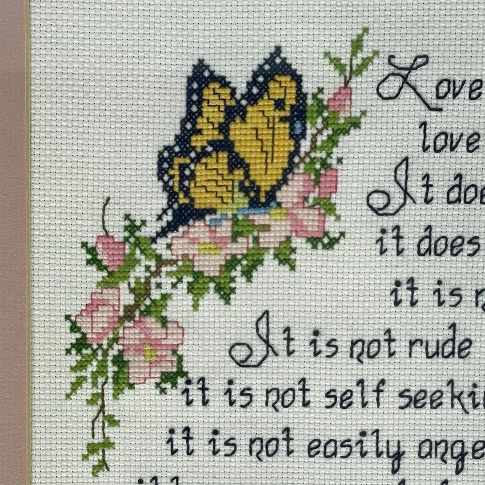 Vintage 1987 1 Corinthians 13:4-7 Cross Stitch Framed Scripture Wall Art